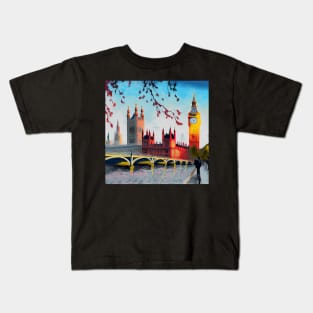 Oil on canvas, London street. A work of art. Big Ben and the Red Tree. To England Kids T-Shirt